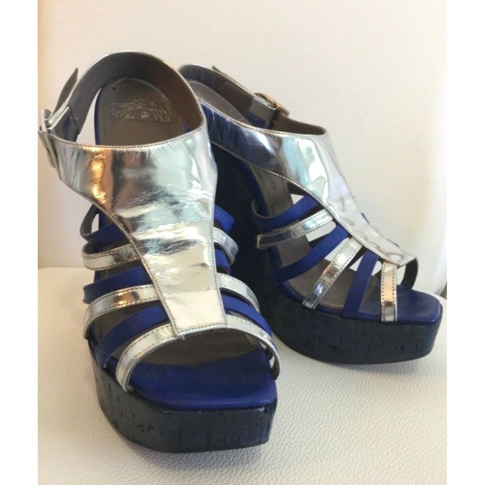 Versace Women's Sandals Wedge Shoes Platform High Blue Silver Sz 39.5 US 9.5